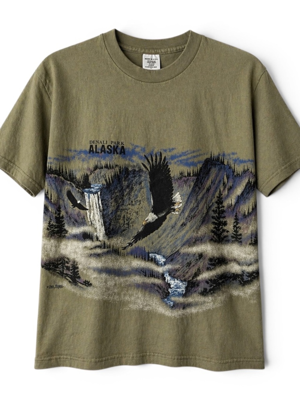 VINTAGE 90s Alaska Denali Park Eagle All Over Print Tee USA Single Stitch M AOP